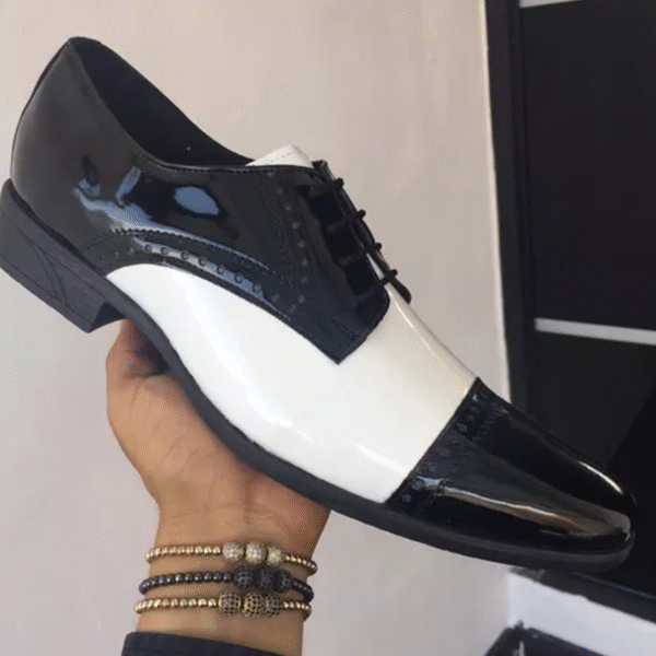 Zapato zanthy shoes de charol negro blanco modelo 300 calzado para caballero estilo pachuco