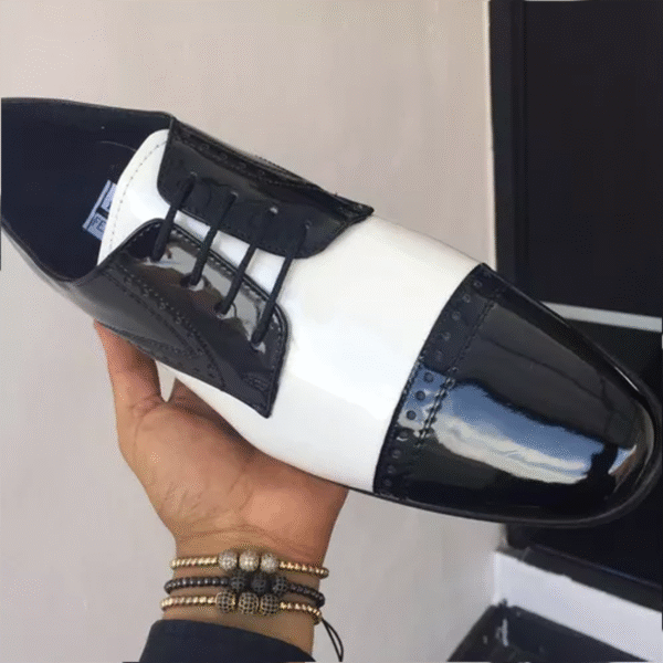 Zapato zanthy shoes de charol negro blanco modelo 300 calzado para caballero estilo pachuco